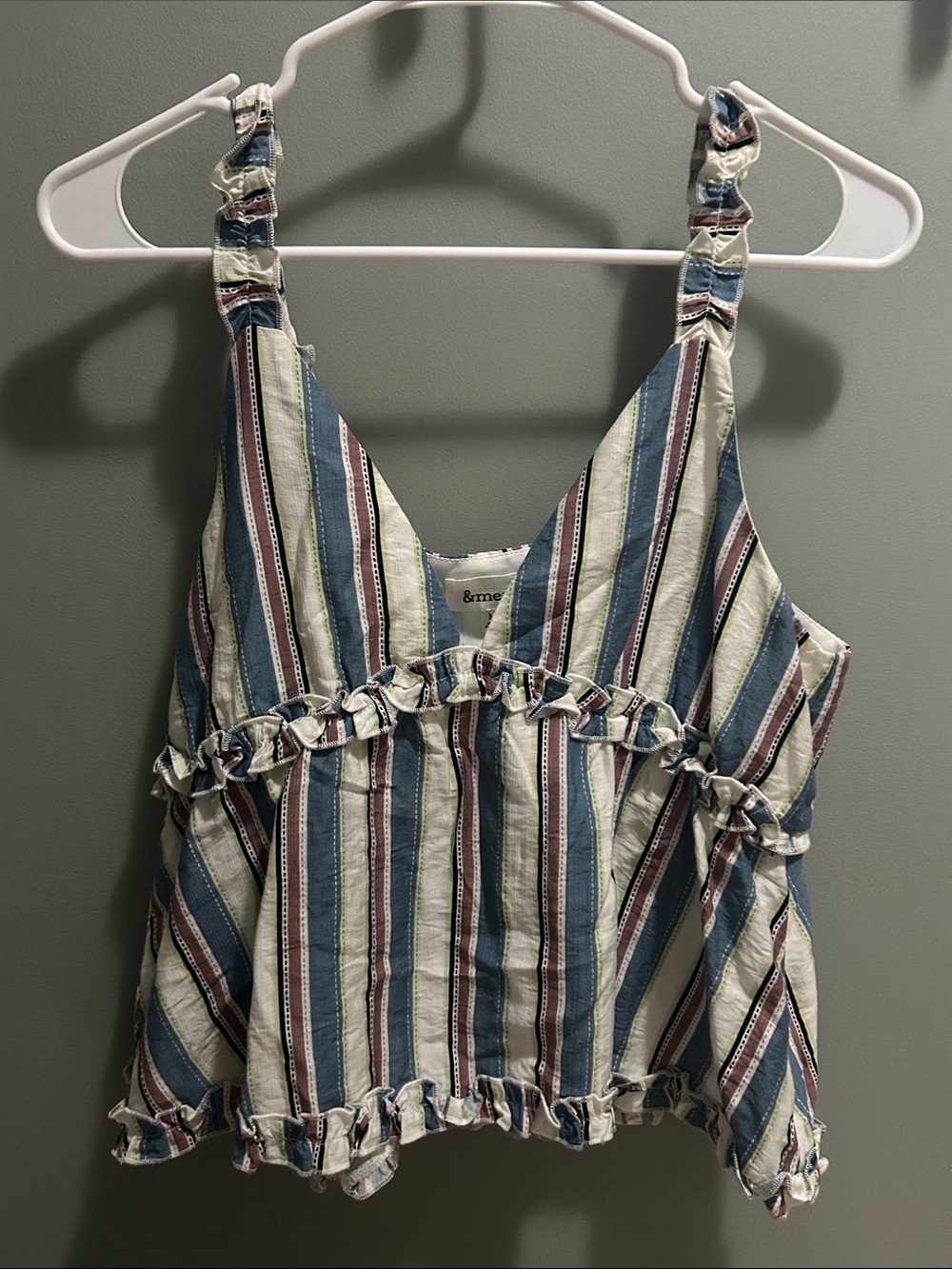 &merci Striped Ruffle Sleeveless Blouse in Blue, Cream & Mauve